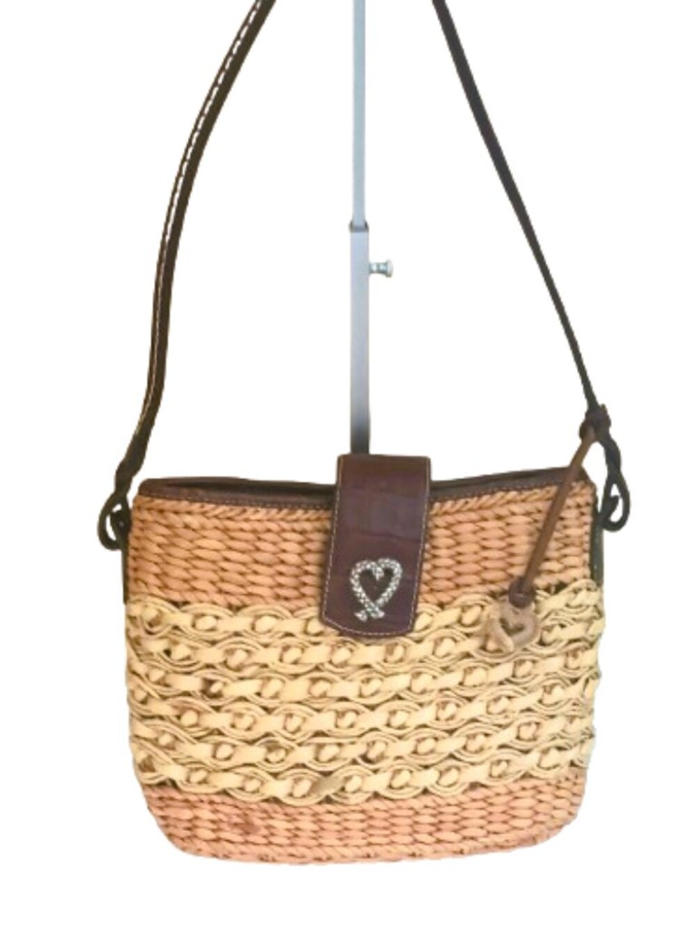 Brighton Sadie Straw Shoulder Bag Leather Trim Flap Over Magnetic Closure